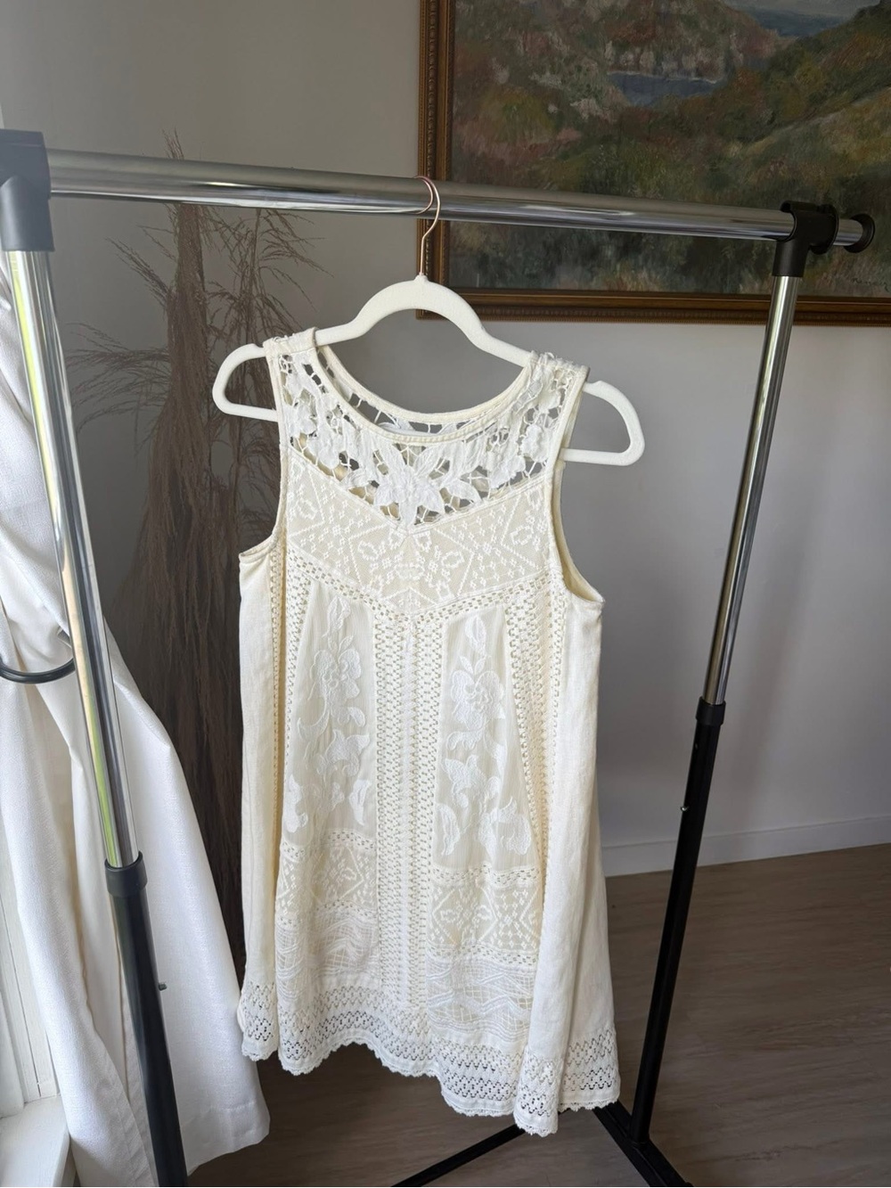 Sleeveless Cream Crochet-Detail Mini Dress